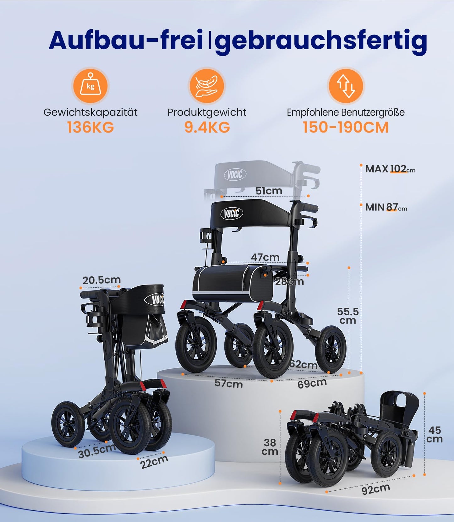 VOCIC Rollator faltbar, leicht mit Sitz, Outdoor Gummi-Bereifung, Aluminium, höhenverstellbar, Schwarz