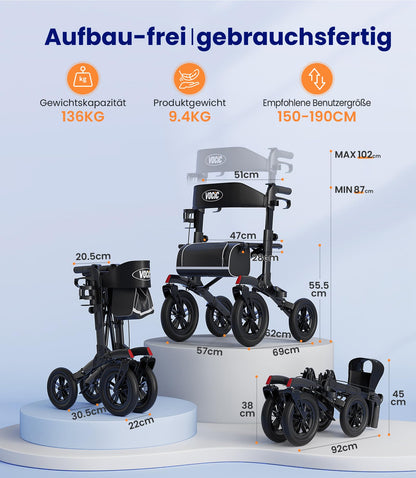 VOCIC Rollator faltbar, leicht mit Sitz, Outdoor Gummi-Bereifung, Aluminium, höhenverstellbar, Schwarz