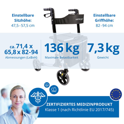 Weinberger Alu-Rollator, leicht & klappbar (7,3 kg), inkl. Tasche, Stockhalter & Bremsen, höhenverstellbar, Silber-Schwarz