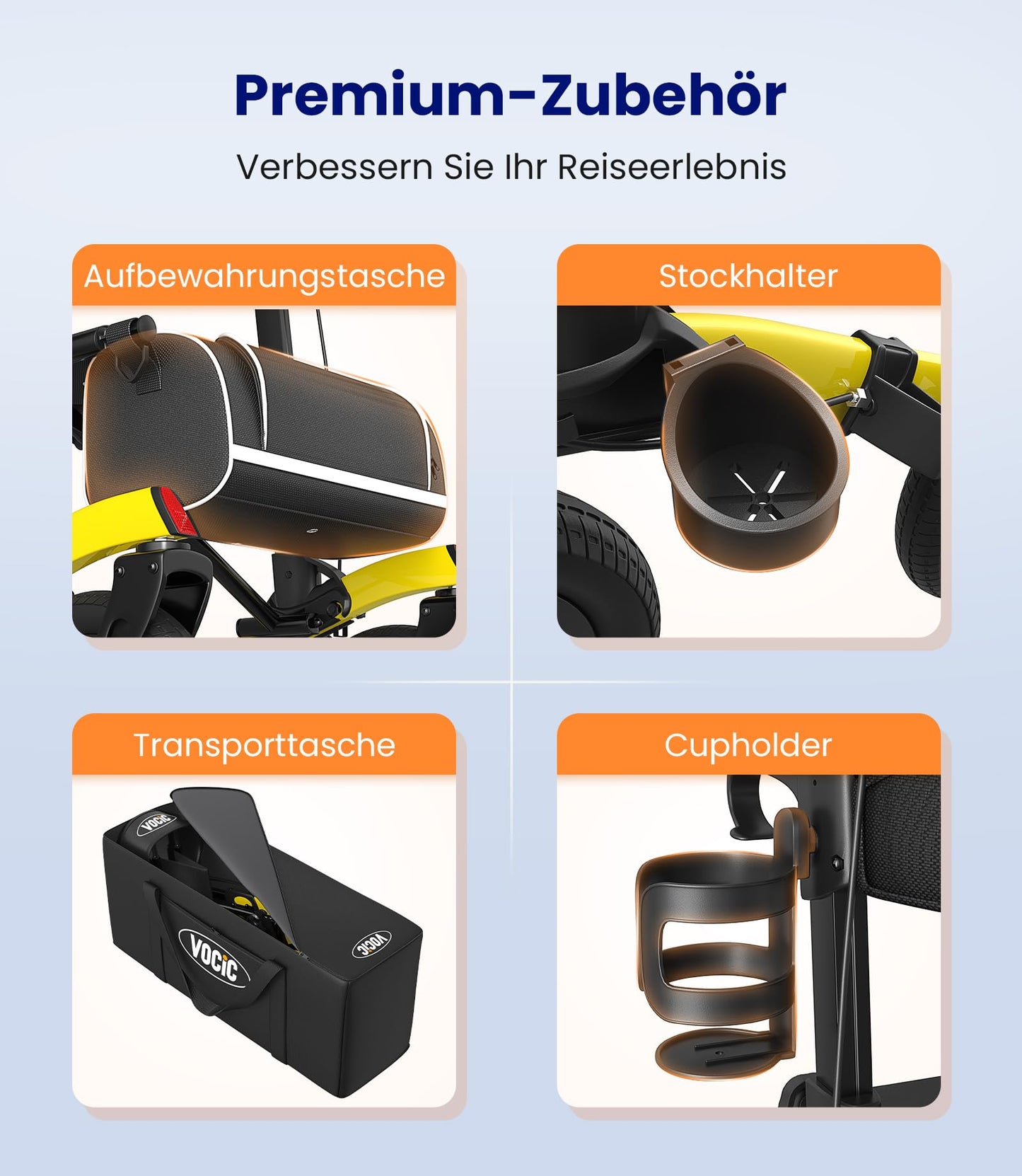 VOCIC Rollator faltbar & leicht mit Sitz, Outdoor Gummi-Bereifung für alle Gelände, Aluminium höhenverstellbar, Gelb