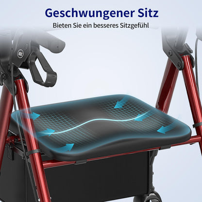 VOCIC Rollator faltbar & leicht mit Sitz, schmal für Wohnung, 20cm Reifen für alle Gelände, höhenverstellbar, Dunkelrot