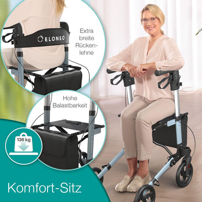 ELONEO Rollator faltbar & leicht mit Sitz, Aluminium Leichtgewicht, 8-fach höhenverstellbar, 3-fach faltbar, Tasche & Schirmhalter, Anthrazit