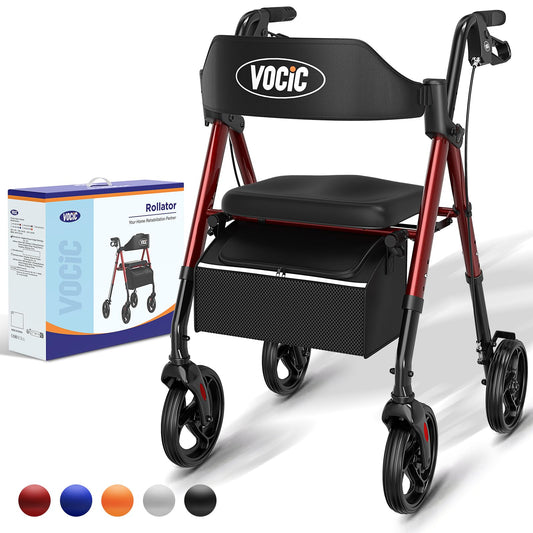 VOCIC Rollator faltbar & leicht mit Sitz, schmal für Wohnung, 20cm Reifen für alle Gelände, höhenverstellbar, Dunkelrot