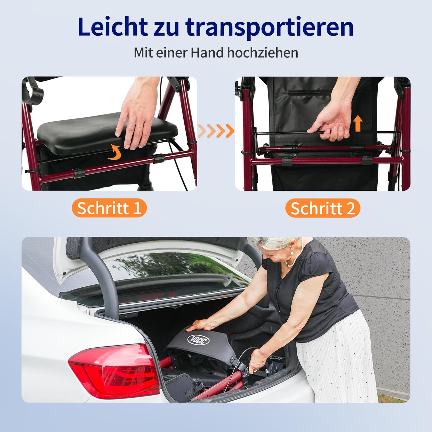 VOCIC Rollator faltbar & leicht mit Sitz, schmal für Wohnung, 20cm Reifen für alle Gelände, höhenverstellbar, Dunkelrot