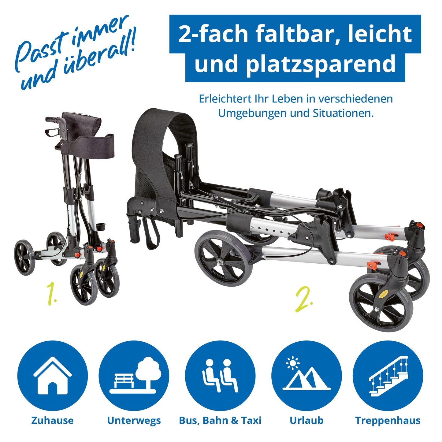 Weinberger Alu-Rollator, leicht & klappbar (7,3 kg), inkl. Tasche, Stockhalter & Bremsen, höhenverstellbar, Silber-Schwarz