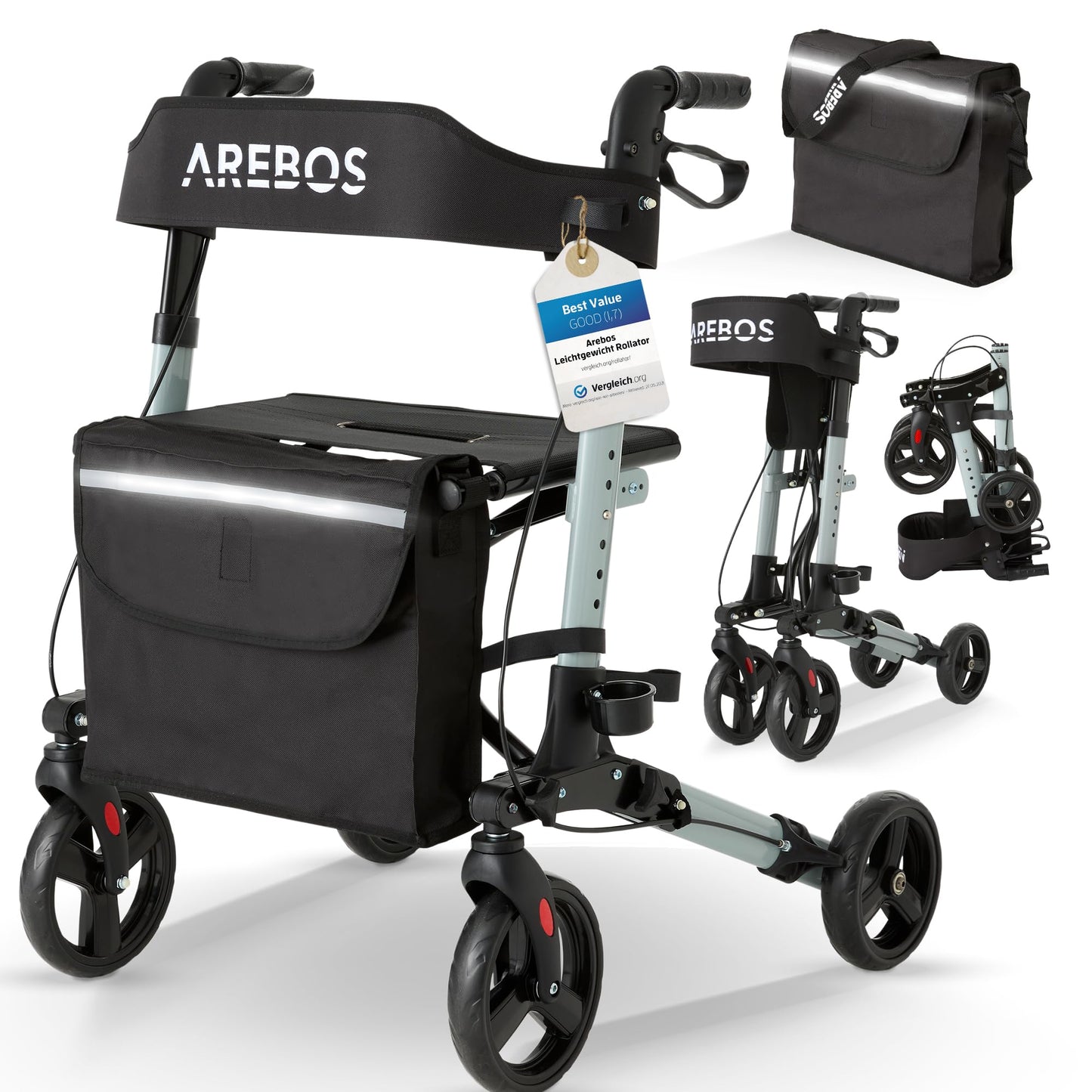 Arebos Leichtgewicht Rollator Aluminium, faltbar & 6-fach höhenverstellbar, mit Stockhalter & Tasche, Schwarz