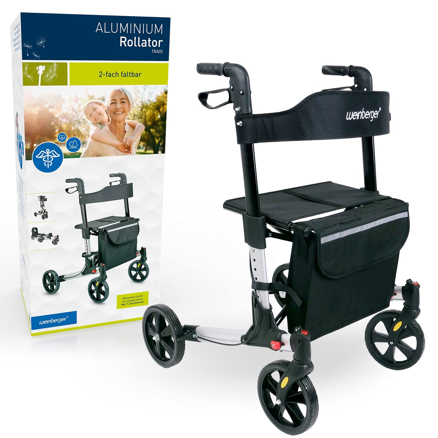 Weinberger Alu-Rollator, leicht & klappbar (7,3 kg), inkl. Tasche, Stockhalter & Bremsen, höhenverstellbar, Silber-Schwarz