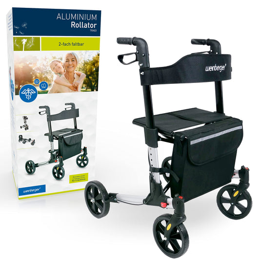 Weinberger Alu-Rollator, leicht & klappbar (7,3 kg), inkl. Tasche, Stockhalter & Bremsen, höhenverstellbar, Silber-Schwarz