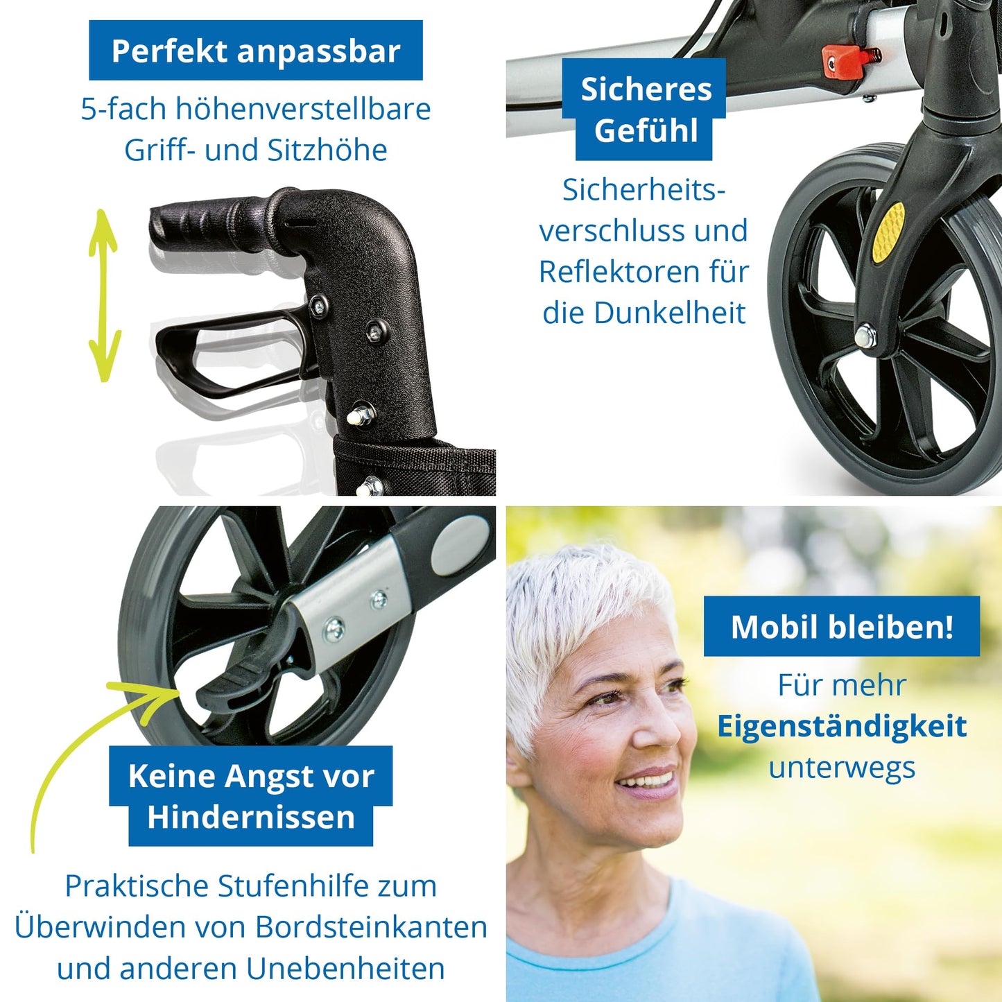 Weinberger Alu-Rollator, leicht & klappbar (7,3 kg), inkl. Tasche, Stockhalter & Bremsen, höhenverstellbar, Silber-Schwarz