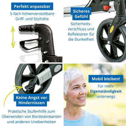 Weinberger Alu-Rollator, leicht & klappbar (7,3 kg), inkl. Tasche, Stockhalter & Bremsen, höhenverstellbar, Silber-Schwarz