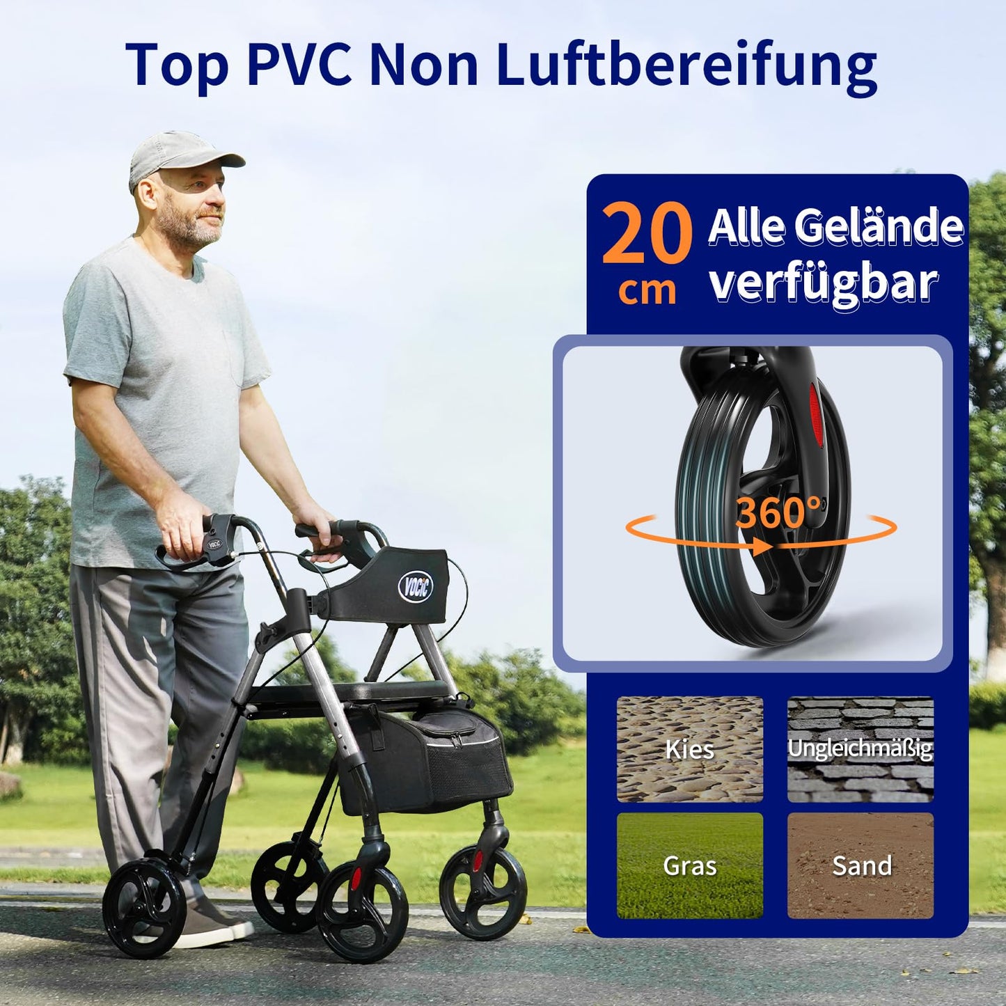 VOCIC Rollator faltbar, leicht & schmal, 20 cm Reifen, höhenverstellbarer Sitz & Griff, Sternensilber