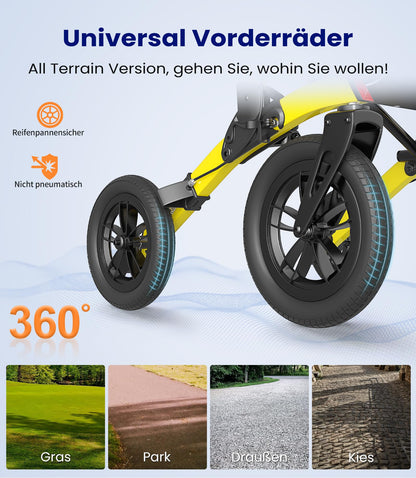 VOCIC Rollator faltbar & leicht mit Sitz, Outdoor Gummi-Bereifung für alle Gelände, Aluminium höhenverstellbar, Gelb