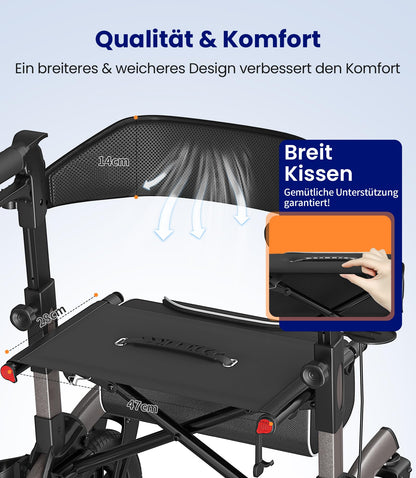 VOCIC Rollator faltbar & leicht mit Sitz, Outdoor Rollator mit Gummi-Bereifung, höhenverstellbar aus Aluminium, Grau