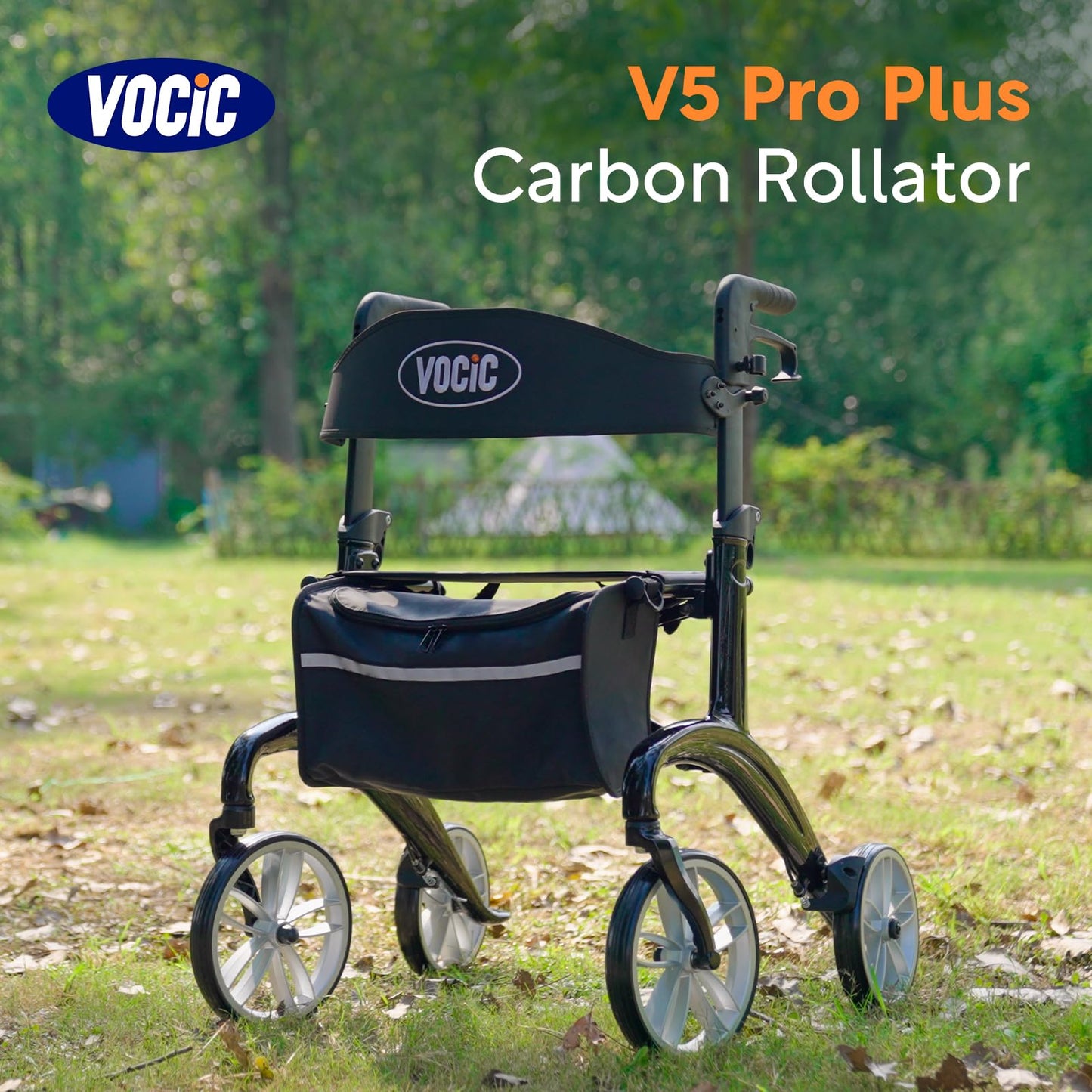 VOCIC Carbon Rollator, faltbar & superleicht (6,4kg) mit Sitz, Rückengurt & Netztasche, Indoor/Outdoor für Senioren, Schwarz