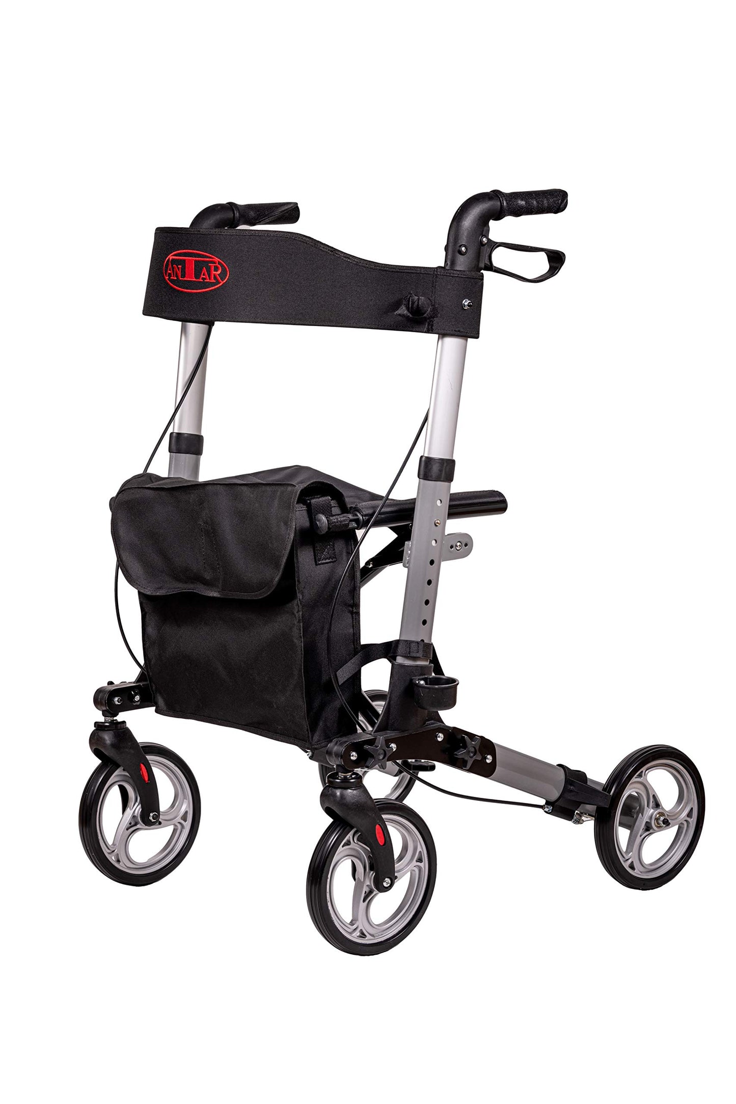 Antar 14949 Premium Aluminium-Rollator, leicht & 3-fach faltbar, höhenverstellbar, mit Gurt & Stockhalter, ideal für Reise, Silber