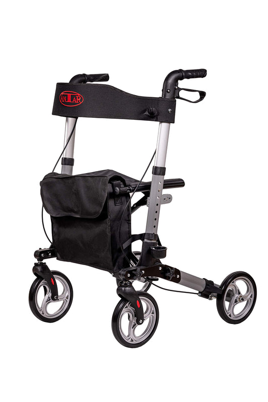 Antar 14949 Premium Aluminium-Rollator, leicht & 3-fach faltbar, höhenverstellbar, mit Gurt & Stockhalter, ideal für Reise, Silber