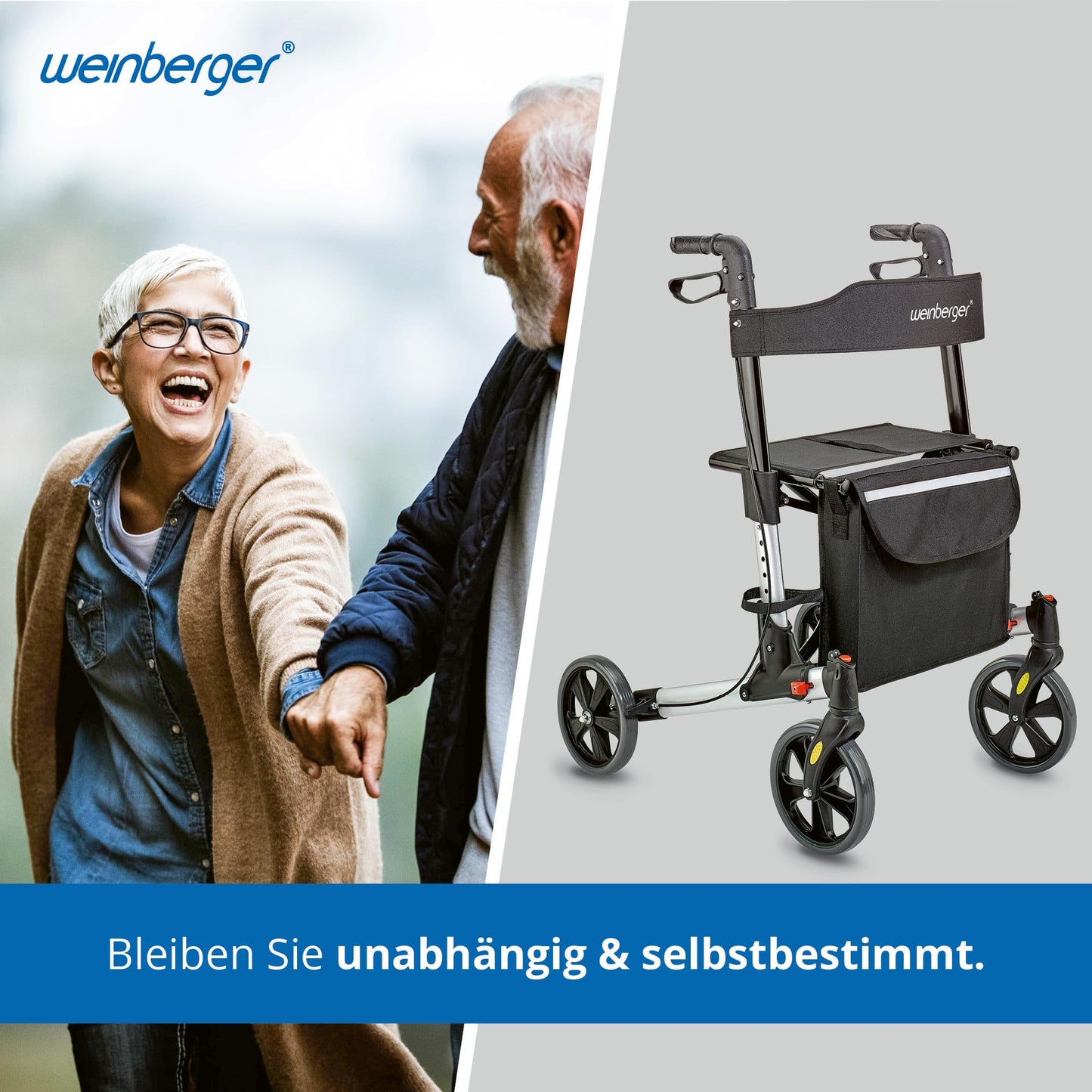 Weinberger Alu-Rollator, leicht & klappbar (7,3 kg), inkl. Tasche, Stockhalter & Bremsen, höhenverstellbar, Silber-Schwarz