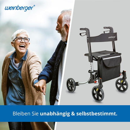 Weinberger Alu-Rollator, leicht & klappbar (7,3 kg), inkl. Tasche, Stockhalter & Bremsen, höhenverstellbar, Silber-Schwarz