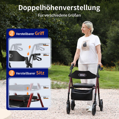 VOCIC Rollator faltbar & leicht mit Sitz, schmal für Wohnung, 20cm Reifen für alle Gelände, höhenverstellbar, Dunkelrot