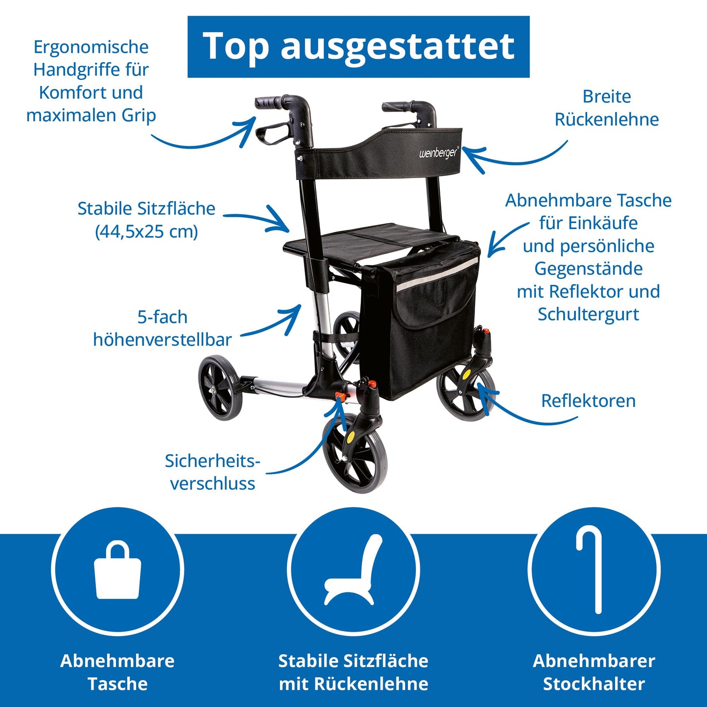 Weinberger Alu-Rollator, leicht & klappbar (7,3 kg), inkl. Tasche, Stockhalter & Bremsen, höhenverstellbar, Silber-Schwarz