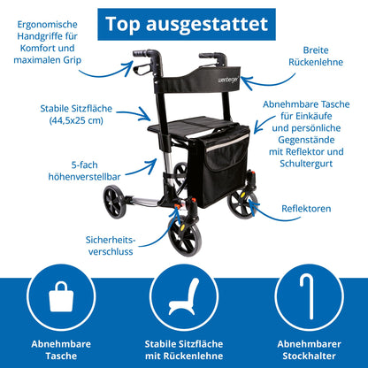 Weinberger Alu-Rollator, leicht & klappbar (7,3 kg), inkl. Tasche, Stockhalter & Bremsen, höhenverstellbar, Silber-Schwarz