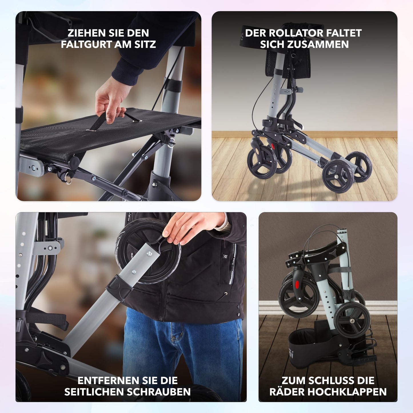 Arebos Leichtgewicht Rollator Aluminium, faltbar & 6-fach höhenverstellbar, mit Stockhalter & Tasche, Schwarz