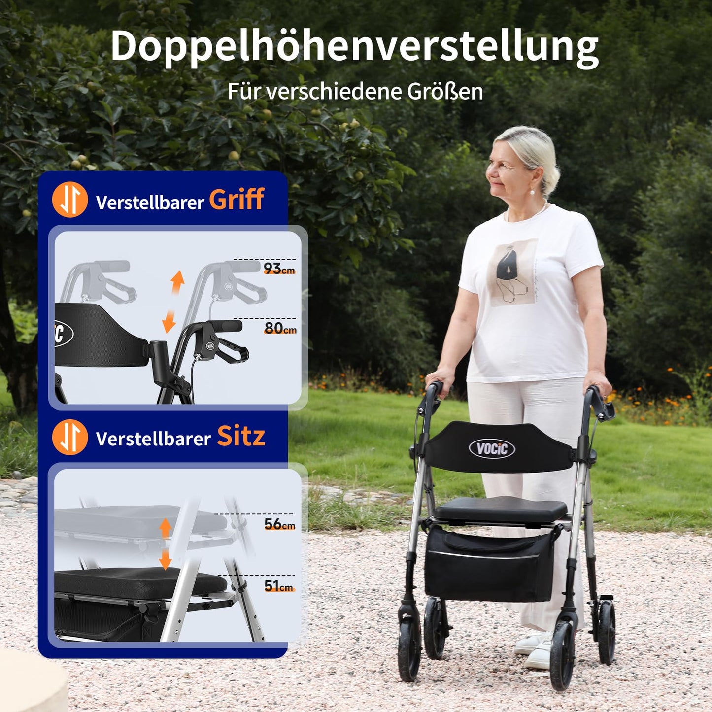 VOCIC Rollator faltbar, leicht & schmal, 20 cm Reifen, höhenverstellbarer Sitz & Griff, Sternensilber