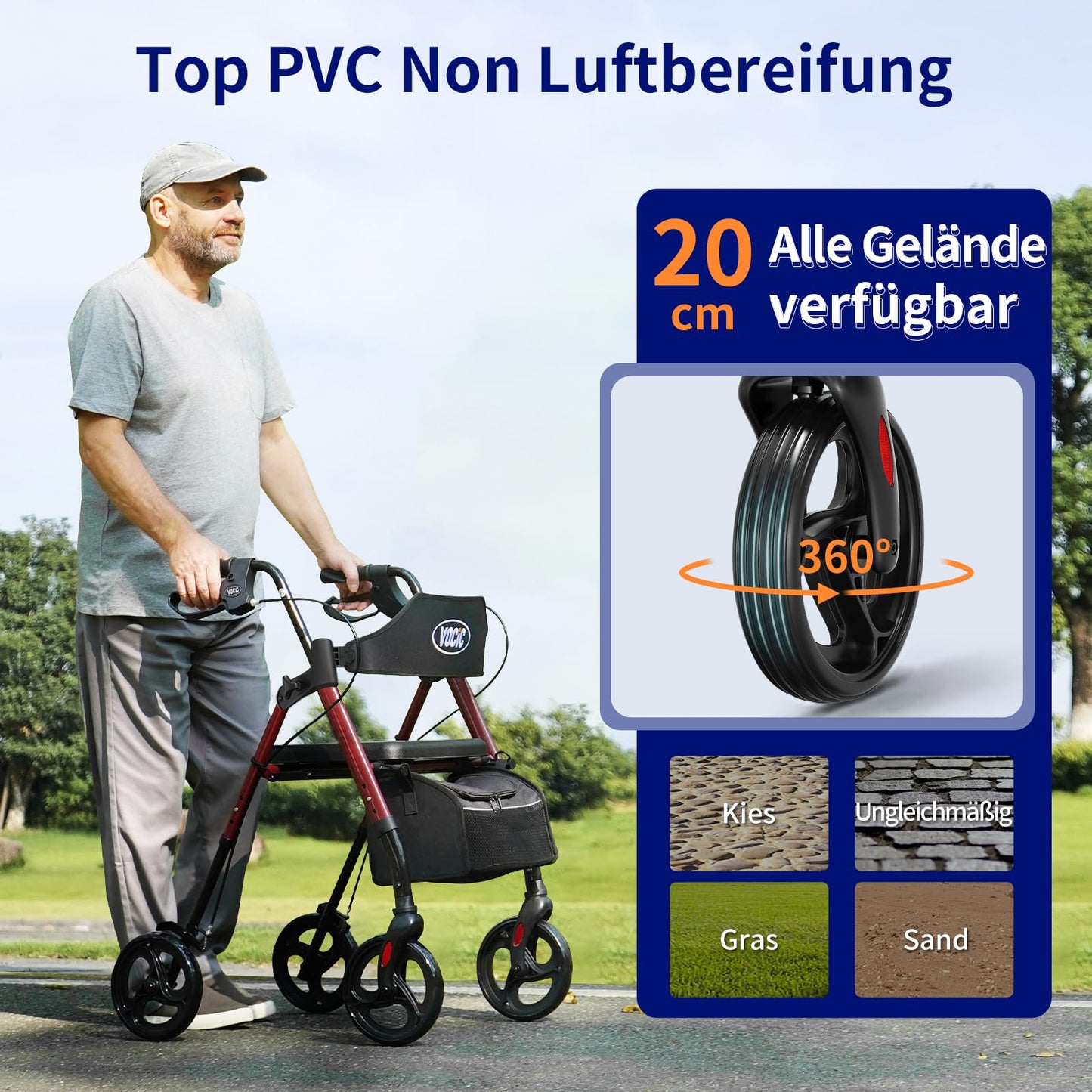 VOCIC Rollator faltbar & leicht mit Sitz, schmal für Wohnung, 20cm Reifen für alle Gelände, höhenverstellbar, Dunkelrot