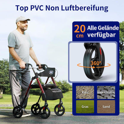 VOCIC Rollator faltbar & leicht mit Sitz, schmal für Wohnung, 20cm Reifen für alle Gelände, höhenverstellbar, Dunkelrot