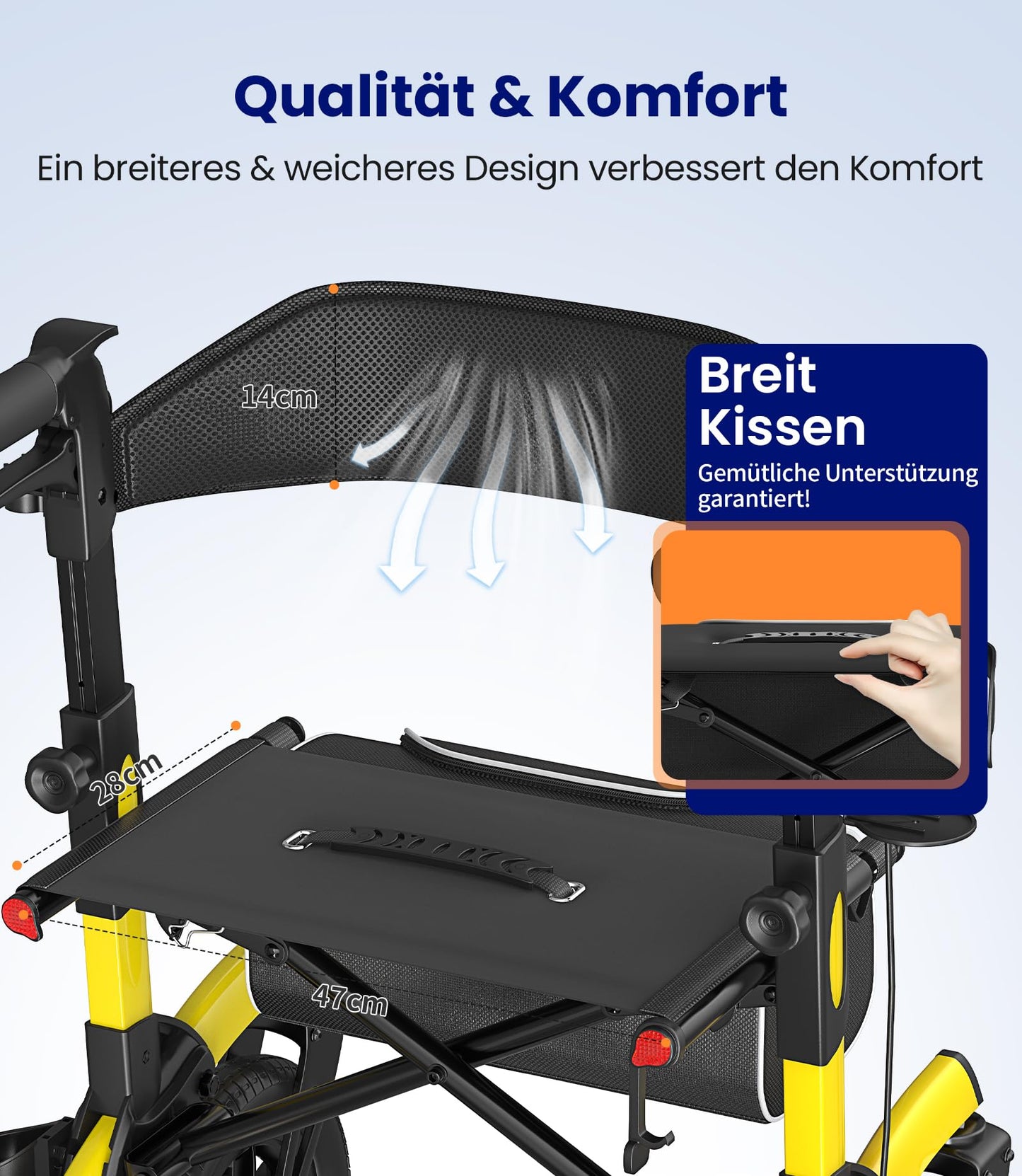 VOCIC Rollator faltbar & leicht mit Sitz, Outdoor Gummi-Bereifung für alle Gelände, Aluminium höhenverstellbar, Gelb