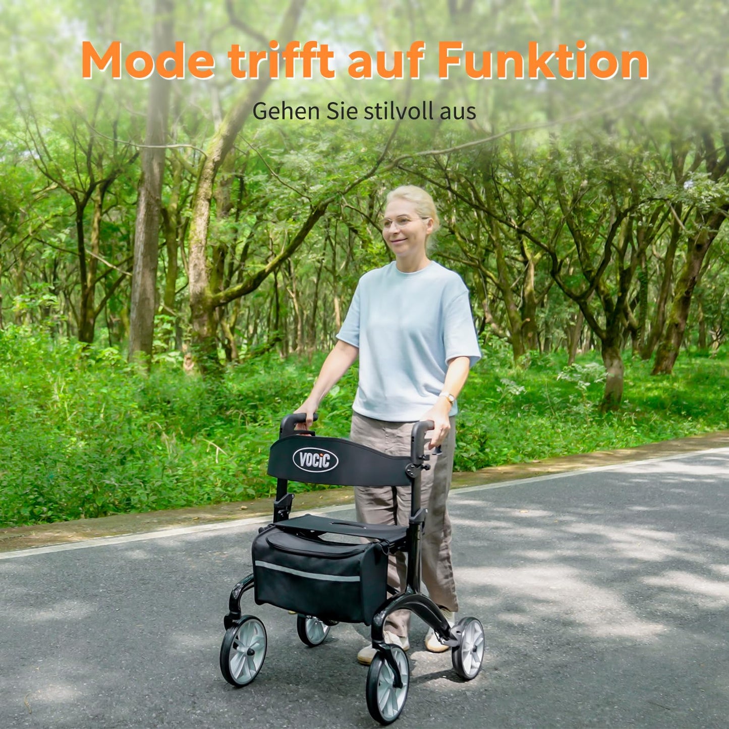 VOCIC Carbon Rollator, faltbar & superleicht (6,4kg) mit Sitz, Rückengurt & Netztasche, Indoor/Outdoor für Senioren, Schwarz