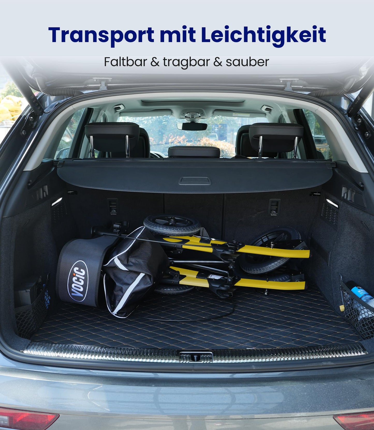 VOCIC Rollator faltbar & leicht mit Sitz, Outdoor Gummi-Bereifung für alle Gelände, Aluminium höhenverstellbar, Gelb