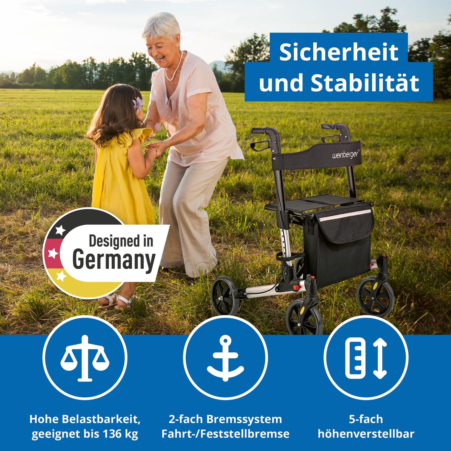 Weinberger Alu-Rollator, leicht & klappbar (7,3 kg), inkl. Tasche, Stockhalter & Bremsen, höhenverstellbar, Silber-Schwarz