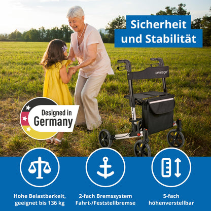 Weinberger Alu-Rollator, leicht & klappbar (7,3 kg), inkl. Tasche, Stockhalter & Bremsen, höhenverstellbar, Silber-Schwarz