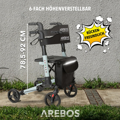 Arebos Leichtgewicht Rollator Aluminium, faltbar & 6-fach höhenverstellbar, mit Stockhalter & Tasche, Schwarz